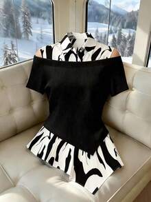 GlowEve CURVE Plus Size Women's Spring/Summer New Casual Elegant Commuter Color Block Shirt Collar Off Shoulder Short Sleeve Fitted Stylish Asymmetric Hem Blouse - Black and White - View 1