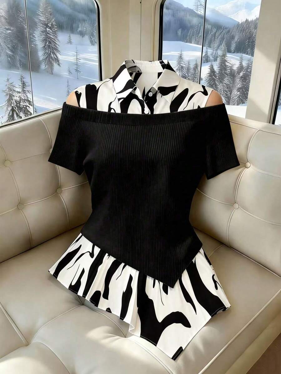 GlowEve CURVE Plus Size Women's Spring/Summer New Casual Elegant Commuter Color Block Shirt Collar Off Shoulder Short Sleeve Fitted Stylish Asymmetric Hem Blouse - Black and White - View 1