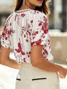 Franclia Áo blouse nữ mùa xuân/hè mới họa tiết lá sung trắng cổ chữ V dáng rộng thoải mái, phù hợp đi nghỉ dưỡng, mặc hàng ngày, hẹn hò, đi làm - Đỏ - Xem 2