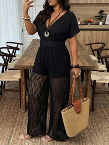 Weeklong Plus Size Women's Casual Lace Patchwork Crossed V-Neck Jumpsuit, Suitable For Spring/Summer Holiday - Black - View 5