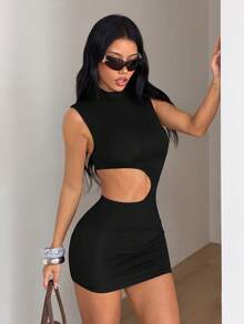 SHEIN ICON 女士时尚百搭褶皱镂空紧身连衣裙 - 黑色 - 查看 6