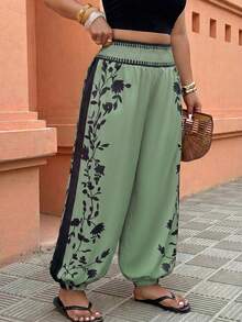 Weeklong Plus Size Women Casual Printed High Waist Drawstring Ankle Length Pants, Suitable For Spring/Summer Everyday Wear & Vacation Fall - Multicolor - View 3
