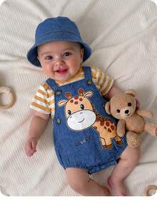 Newborn Baby Girl Casual Cute Cartoon Pattern Bib Pants & Striped T-Shirt Set - Blue - View 3