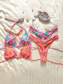 Elavelle 2026 Spring/Summer Colorful Shell Strap + Orange Shell Strap Halter Tie Side High Cut 4-Piece Bikini Swimwear, Suitable For Beach Photography - Multicolor - View 2