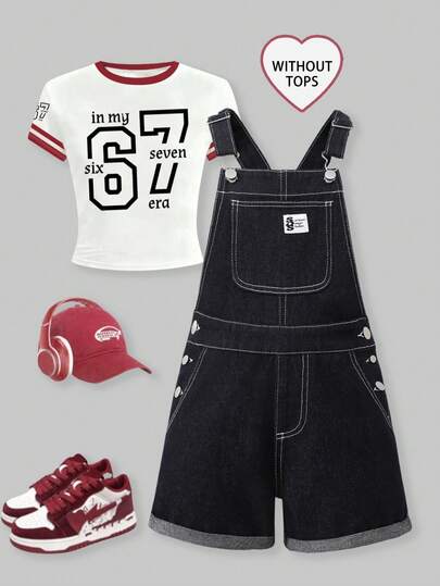 SHEIN Genkimix Kids Tween Girls Denim Overalls Shorts Summer New Sweet Edgy Medium Blue Washed Denim Butterfly Embroidery Distressed Frayed Design Adjustable Straps Comfortable Premium Cotton Denim Daily Basic School Outfit Vacation Cotton Summer Wear Children's Overalls Tween Girl Romper
