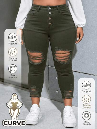 Jeans Ajustados Plus Size para Mujeres, Diseño de Roturas de Moda, Cintura con Varios Botones y Borde Deshilachado en el Pie​​​, Pantalones Vaqueros ajustados elásticos con curvy