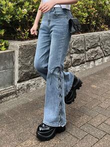 FRIFUL 女士侧边系带喇叭裤休闲牛仔裤 - 藍色 - 查看 5