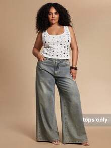 SHEIN BAE Plus Size Women's White Summer Night Rave Ribbed Tank Top,Sleeveless Square Neck Camisole With Silver Stud Rivet Details,Fashionable Chic Streetwear - White - View 6