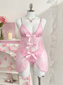 PetitDoll 2件套蕾丝女士性感睡衣（无钢圈，三角裤） - 粉色 - 查看 3
