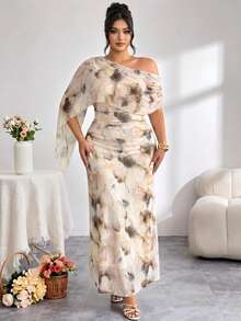 Vestido asimétrico de hombro con estampado minimalista de talla grande - Multicolor - Ver 4