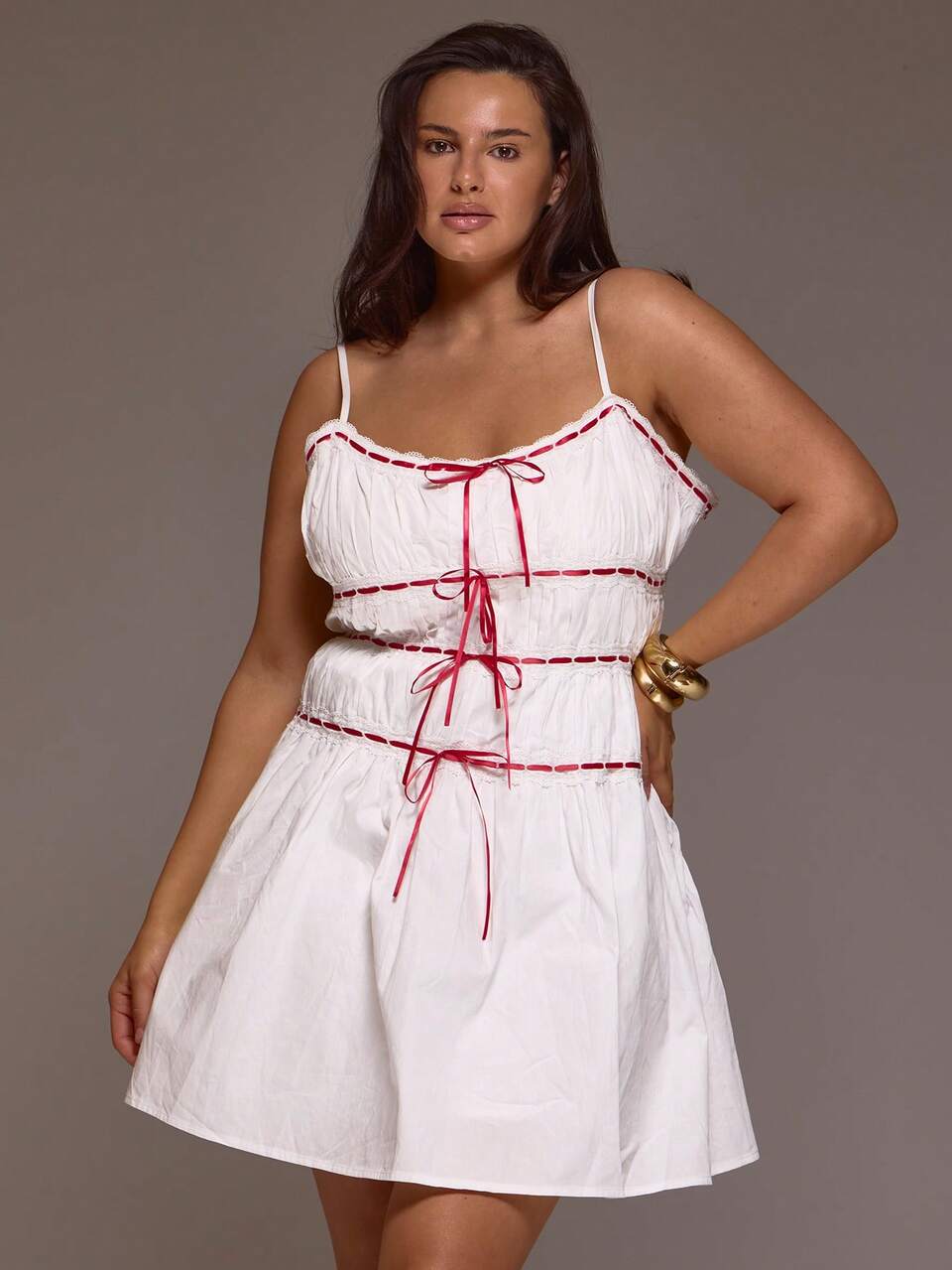 Curve White And Red Woven Ruched Contrast Bow Ribbon Loose Fit Mini Dress