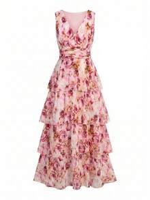 Ellevyn Đầm vintage lãng mạn với họa tiết hoa màu cam và viền bèo nhún. - Hồng - Xem 5