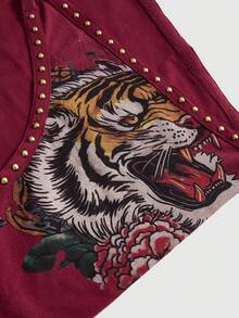 ROMWE Grunge Punk Model Camisole Seksi Berpotongan Dalam dengan Detail Draping dan Motif Kepala Harimau & Geisha Bergaya Vintage Y2K Retro dengan Hiasan Berlian Imitasi untuk Wanita - Burgundy - View 4