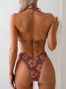 Swim Vcay Conjunto de bikini sexy con impresión de flores para playa de verano para mujer con cuello halter y lazo - Multicolor - Ver 2