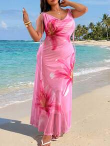 GalTyme Plus Size Floral Print Draped Fitted Summer Sleeveless Dress - Pink - View 1