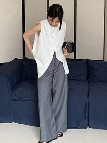 DAZY Women's Solid Color Crew Neck Slit Hem Casual Business Tank Top - White - View 2