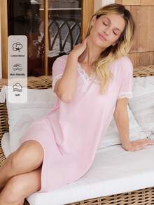 Doze Lane Lace Trim V-Neck Button Decor Casual Short Sleeve Loungewear Dress - Dusty Pink - View 5