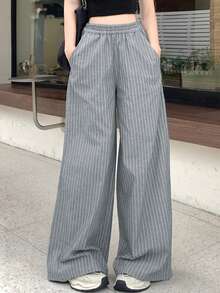 DAZY Women Striped Print Casual Straight-Leg Pants - Light Grey - View 4