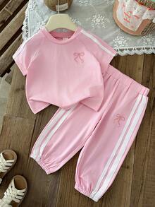 SHEIN 女嬰 2件/套 粉色條紋春季套裝 可愛夏季度假運動日常 寬鬆刺繡套裝 短澎澎袖上衣&條紋長褲 - 粉色 - 查看 7