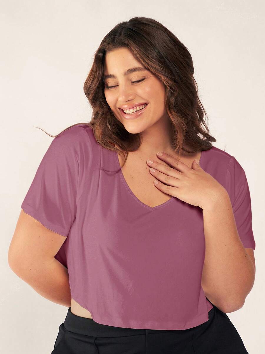 SHEIN BASICS Plus Size Women V-Neck Solid Color Casual Versatile Daily T-Shirt Stay At Home Dusty Pink Summer Tops