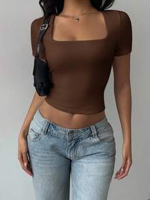 SHEIN BASICS Solid Color Knit Square Neck Fitted Cropped Top For Women Summer For Women - Brown - View 4