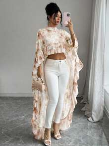 Elenzga Latest Spring/Summer Fashion Floral Chiffon Ruffled Collar Shawl Elegant Blouse For Women - Multicolor - View 5
