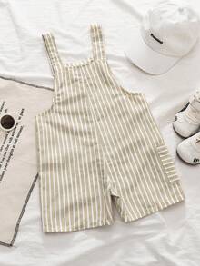 SHEIN Genkimix Kids Quần yếm kẻ sọc phong cách retro tối giản thoải mái đa năng cho bé trai, thích hợp cho mùa hè. - Màu Khaki - Xem 2