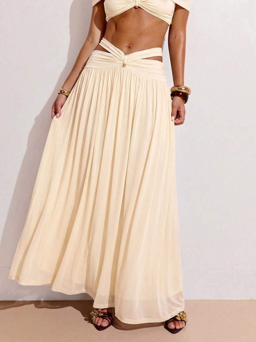 SHEIN BAE Chân váy maxi nữ kiểu dáng bất đối xứng, trang trí kim loại, thích hợp cho kỳ nghỉ thường ngày, ngày Valentine, lễ hội âm nhạc, tụ họp bạn bè, màu đỏ nâu, đi biển. - Màu be - Xem 1