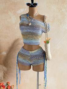 Soleia Women's Vacation Solid Color Asymmetric Neck Knit Top And Fringe Design Knit Shorts 2 Pieces Set - Multicolor - View 4