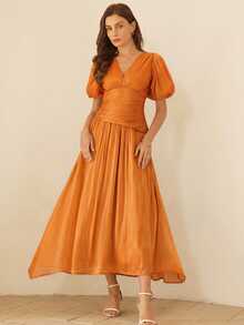 BELROSIE New Arrival Shiny Luxury V-Neck Drawstring Waist Flared Hem Short Sleeve Dress - Orange - View 7