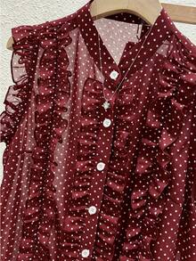 Franclia Women's Black Polka Dot Chiffon Blouse, Elegant Romantic Ruffle Hem - Red Violet - View 4