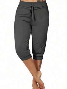 Tropvida Plus Size Women Solid Color Casual Versatile 3/4 Pants - Grey - View 1