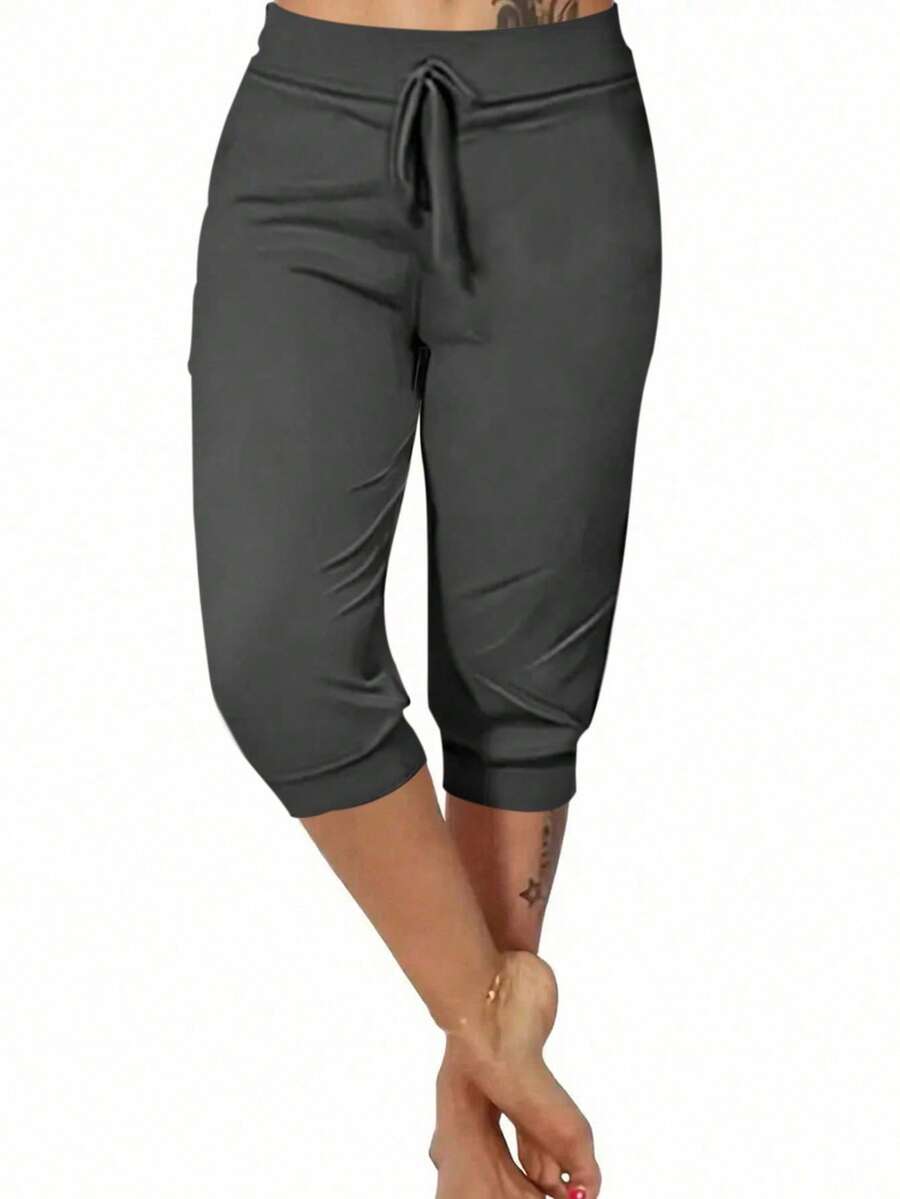 Tropvida Plus Size Women Solid Color Casual Versatile 3/4 Pants - Grey - View 1