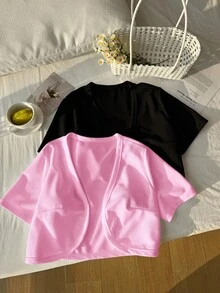 Comfortcana 大码女式夏季短袖黑白两件套开襟外套 - 彩色 - 查看 4