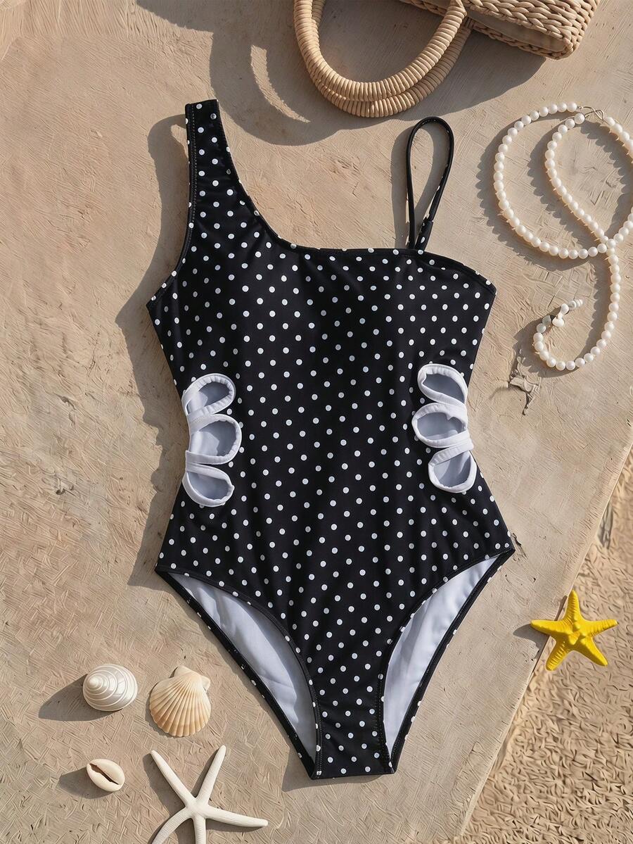 SHEIN Bộ đồ bơi liền thân trễ vai chấm bi đen cho bé gái tuổi teen, đồ bơi đi biển khoét hở dễ thương, trang phục lướt sóng. - màu đen - Xem 1