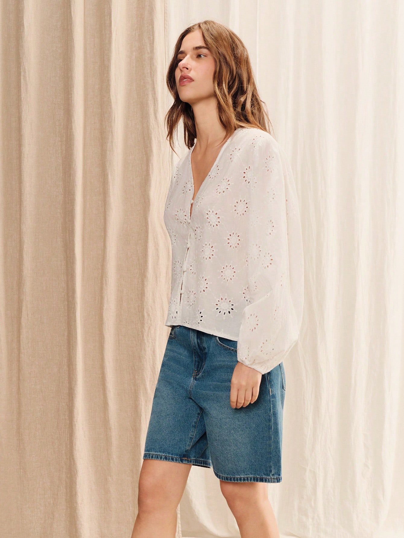 White Oversized V Neck Broidery Anglaise Blouse With Batwing Sleeves Boho Spring Summer Holiday Top Cotton Casual Top White Cotton Top Cute Summer Top Flower Embroidered Top