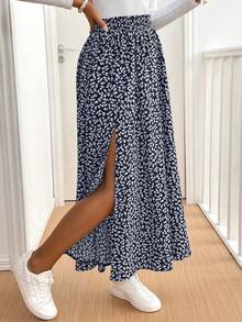 SHEIN Tall CURVE Chân váy xòe cao họa tiết hoa nhí dáng rộng dành cho nữ, thích hợp cho mùa xuân, hè, thu đi biển/nghỉ lễ. - Xanh và trắng - Xem 3