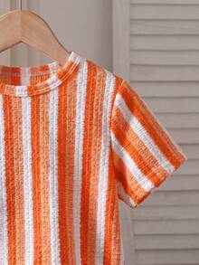 Souflis Souflis Young Boy Summer Beach Vacation Colorblock Striped Print Textured Fabric Short Sleeve T-Shirt And Waffle Fabric Shorts Set - Orange - View 4