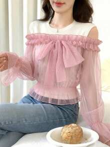 FRIFUL Conjunto de 2 piezas de mujer de unicolor con tela de malla transparente, manga con volantes y lazo, versátil y casual - Albaricoque - Ver 3
