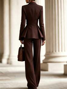 SHEIN Women's Solid Color Long Sleeve Knotted Waist Ruffle Hem Jacket And Pants Suit Set - Coffee Brown - View 2