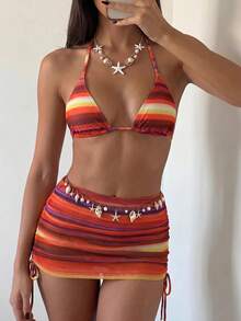 Costavie Bikini de 3 piezas con tapa triangular de cuello halter, estampado de leopardo y sarong con lazos laterales para mujeres - Multicolor - Ver 5