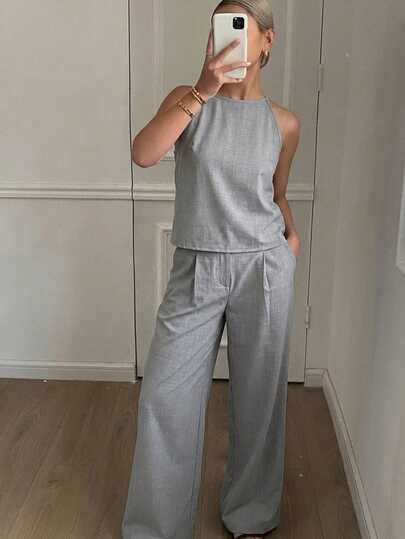 Livesso Bộ đồ nữ mùa hè kẻ sọc gồm áo hai dây và quần dài, kiểu dáng thường ngày.