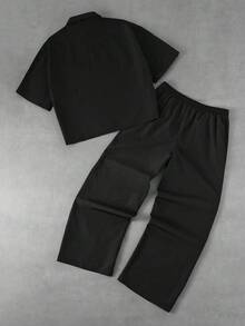 Major Grit 男士休闲字母印花拉链短袖衬衫短裤套装，夏季 - 黑色 - 查看 2