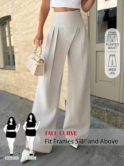 SHEIN Tall CURVE Quần dài xếp ly màu trơn dành cho nữ cỡ lớn, kiểu dáng thường ngày, đa năng.