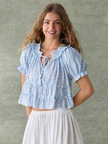 WESTFADE Áo ngủ babydoll xếp tầng, cổ nhún, thắt nơ phía trước, in họa tiết hoa. - Nhiều màu - Xem 3