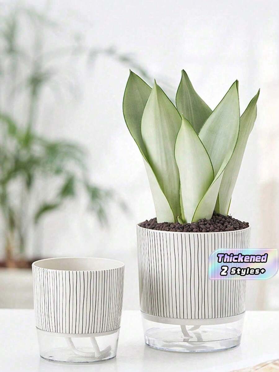 1个黑白斑马纹塑料花盆,底部透明,设计创意简约,带自动浇水绳和加厚储水盆,适合在家种植盆栽植物等园艺活动。 - 黑白色 - 查看 1