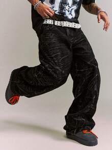CRAVYNX Pleated Design Distressed Washed Black Denim Wide Leg Hiphop Jeans - Black - View 4