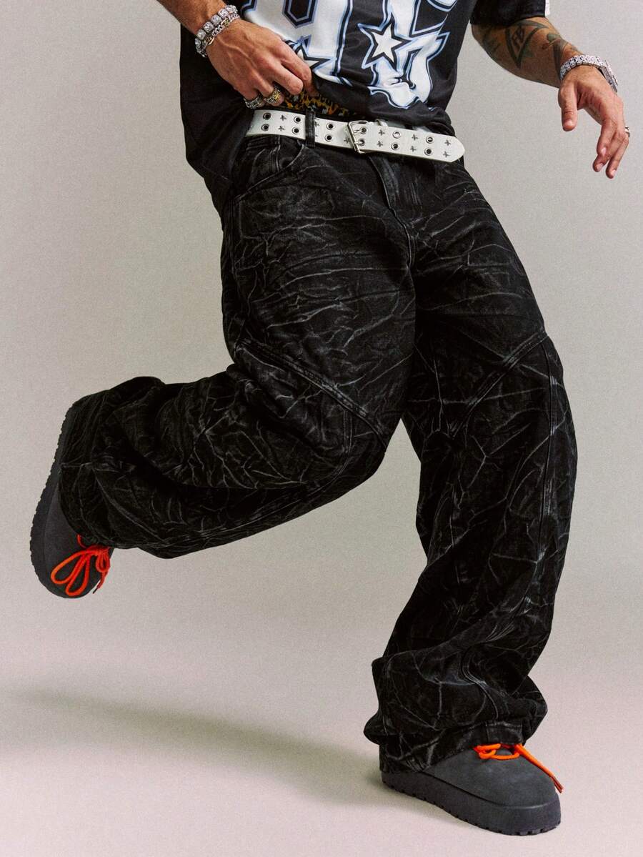 CRAVYNX Pleated Design Distressed Washed Black Denim Wide Leg Hiphop Jeans Holiday Summer Streetwear Casual Street Wear Vacation - Black - View 1
