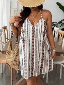 SHEIN VCAY Vestido de playa con cuello en V, sin espalda y estampado de rayas para tallas grandes - Azul y blanco - Ver 4