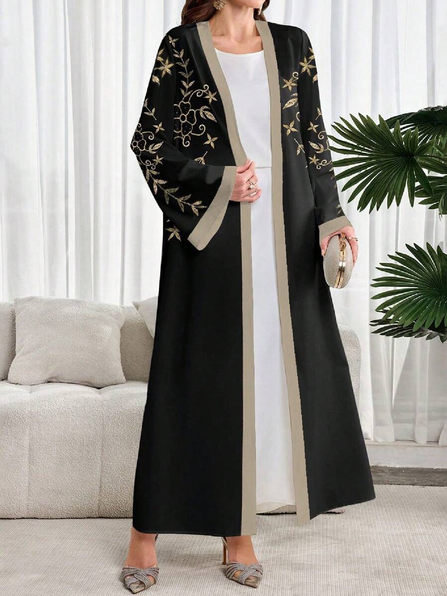 Al Najma Áo Abaya Ả Rập tối giản với họa tiết hoa thanh lịch - trắng - Xem 1